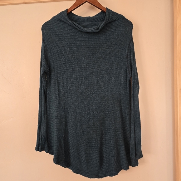 We The Free Lover Teal Tunic Split Back Frayed Hem Cowl Neck Long Sleeve Size S - Picture 2 of 6
